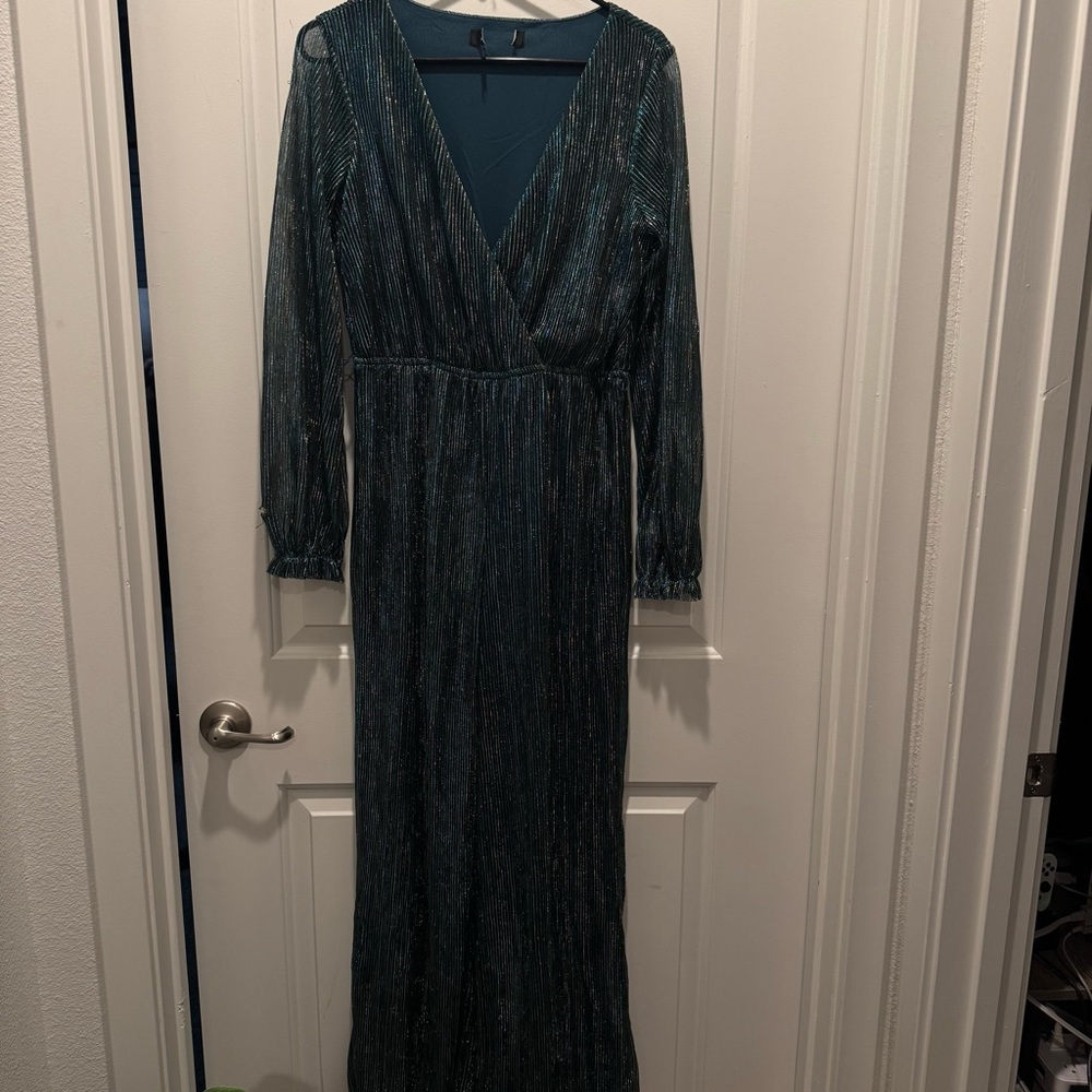 Women's Deep V-Neck Long Sleeve Wide-Leg Jumpsuit - Teal - Picture 3 of 7